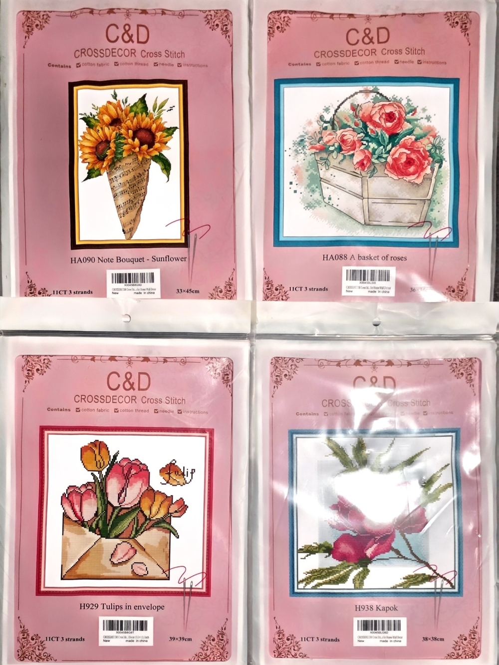 C&D CrossDecor Stamped Cross Stitch Kits Lot of 4 (Floral Themes) — Brand New &